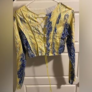 Lace-up Front Graphic Print Long Sleeve Crop Top Blue And Yellow Size Medium (M)